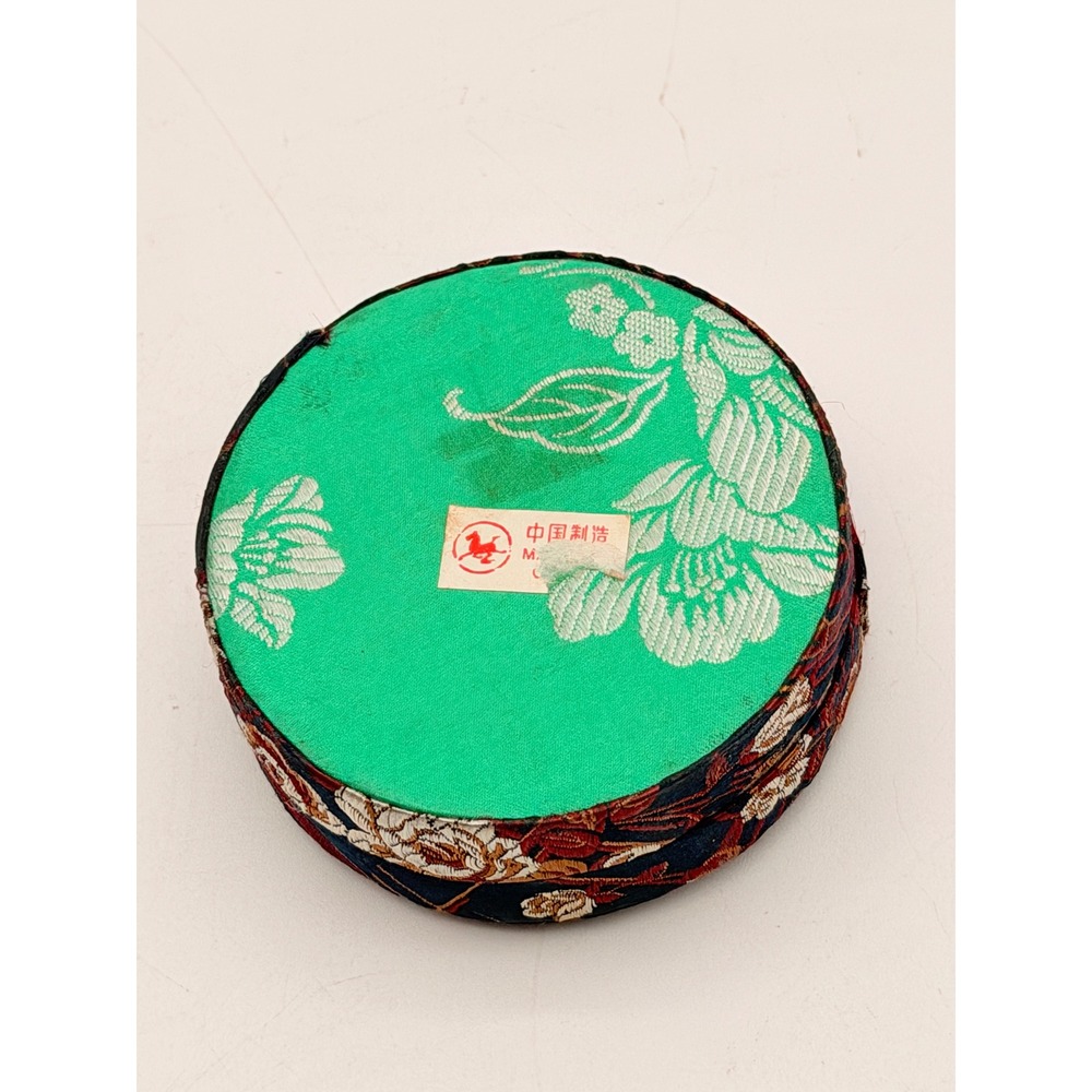 Vintage Chinese Silk Brocade Round Trinket Jewelry Box Floral Navy Red 3 Inch - Picture 4 of 8